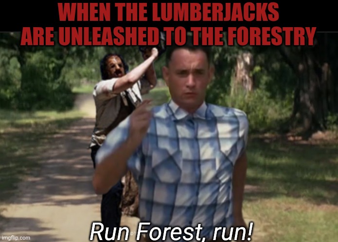 Run Forest, run | WHEN THE LUMBERJACKS ARE UNLEASHED TO THE FORESTRY; Run Forest, run! | image tagged in forest gump,leatherface,texas chainsaw massacre,forestry,lumberjack | made w/ Imgflip meme maker