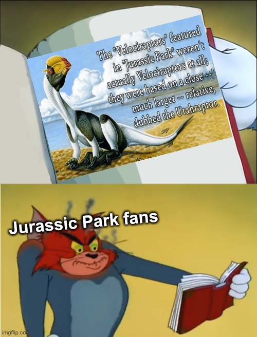JURASSIC PARK LIED TO ME THIS WHOLE TIME? | Jurassic Park fans | image tagged in angry tom reading book,lies,dinosaurs | made w/ Imgflip meme maker