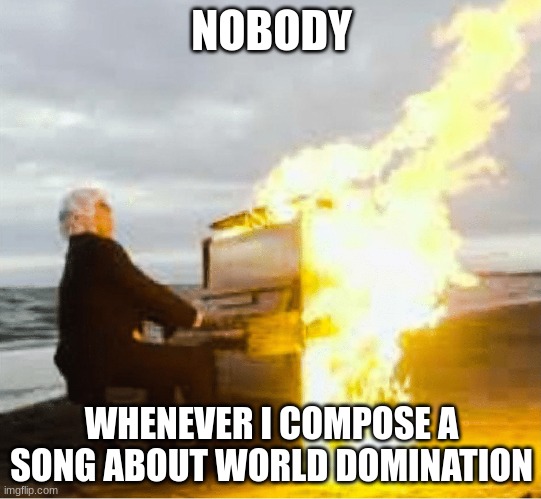 When I write a song about world domination |  NOBODY; WHENEVER I COMPOSE A SONG ABOUT WORLD DOMINATION | image tagged in playing flaming piano | made w/ Imgflip meme maker