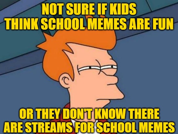 Futurama Fry Meme | NOT SURE IF KIDS THINK SCHOOL MEMES ARE FUN OR THEY DON'T KNOW THERE ARE STREAMS FOR SCHOOL MEMES | image tagged in memes,futurama fry | made w/ Imgflip meme maker