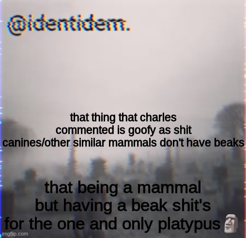 t | that thing that charles commented is goofy as shit
canines/other similar mammals don't have beaks; that being a mammal but having a beak shit's for the one and only platypus🗿 | made w/ Imgflip meme maker