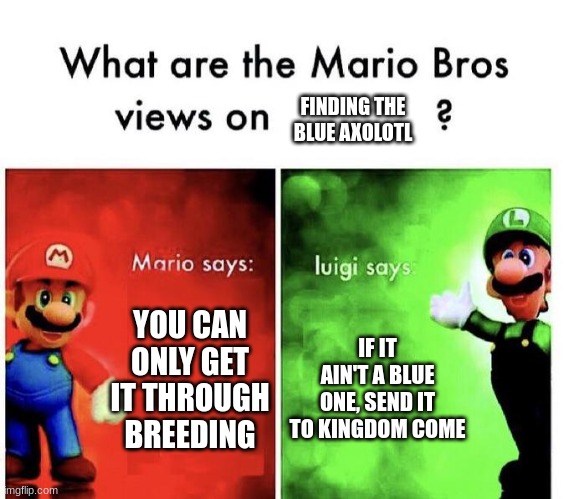 Mario Bros Views | FINDING THE BLUE AXOLOTL IF IT AIN'T A BLUE ONE, SEND IT TO KINGDOM COME YOU CAN ONLY GET IT THROUGH BREEDING | image tagged in mario bros views | made w/ Imgflip meme maker