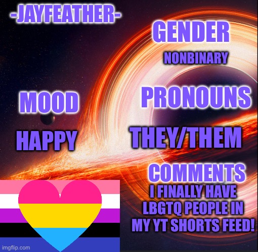 Subscribe to Ezra they are an amazing trans creator and so sweet | GENDER; -JAYFEATHER-; NONBINARY; MOOD; PRONOUNS; THEY/THEM; HAPPY; COMMENTS; I FINALLY HAVE LBGTQ PEOPLE IN MY YT SHORTS FEED! | image tagged in template for me | made w/ Imgflip meme maker