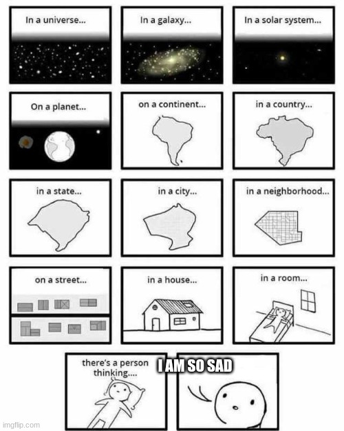 so sad | I AM SO SAD | image tagged in in a universe in a galaxy person thinking | made w/ Imgflip meme maker