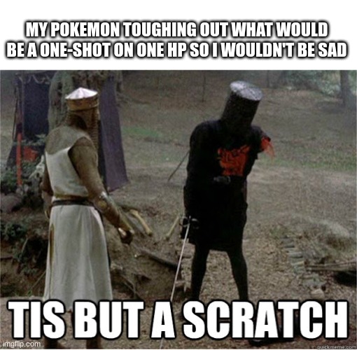 every time it happens it melts my goddang heart | MY POKEMON TOUGHING OUT WHAT WOULD BE A ONE-SHOT ON ONE HP SO I WOULDN'T BE SAD | image tagged in tis but a scratch | made w/ Imgflip meme maker