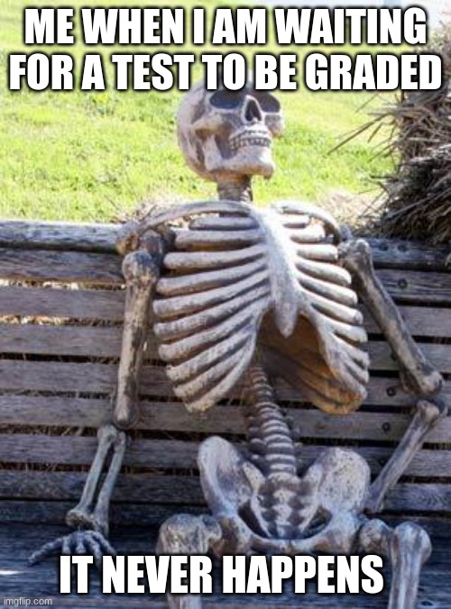 Tests be like | ME WHEN I AM WAITING FOR A TEST TO BE GRADED; IT NEVER HAPPENS | image tagged in memes,waiting skeleton,funny,funny memes,funny meme,test | made w/ Imgflip meme maker