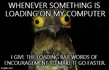 Weird Stuff I Do Potoo | WHENEVER SOMETHING IS LOADING ON MY COMPUTER I GIVE THE LOADING BAR WORDS OF ENCOURAGEMENT TO MAKE IT GO FASTER. | image tagged in memes,weird stuff i do potoo,AdviceAnimals | made w/ Imgflip meme maker