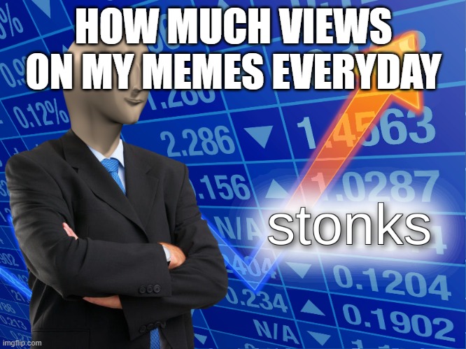 stonks | HOW MUCH VIEWS ON MY MEMES EVERYDAY | image tagged in stonks | made w/ Imgflip meme maker