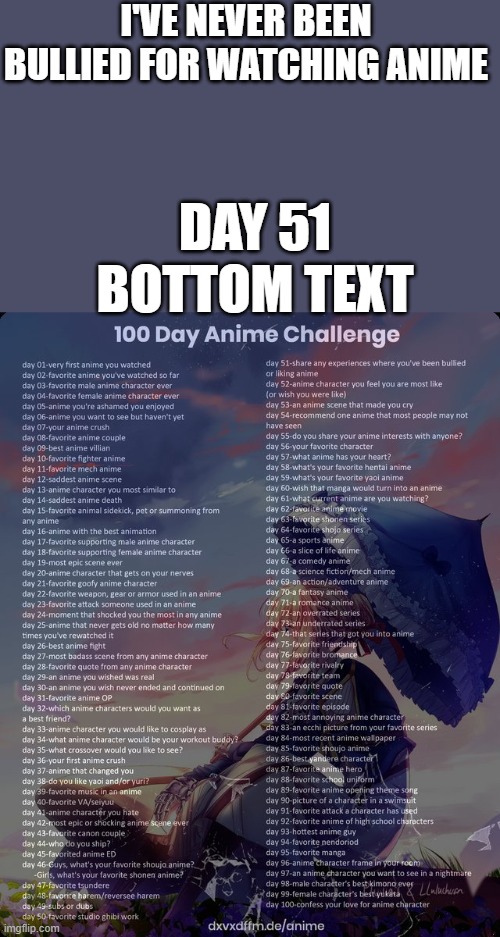 day 51 | I'VE NEVER BEEN BULLIED FOR WATCHING ANIME; DAY 51


BOTTOM TEXT | image tagged in 100 day anime challenge,anime | made w/ Imgflip meme maker