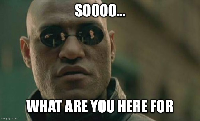 Matrix Morpheus Meme | SOOOO…; WHAT ARE YOU HERE FOR | image tagged in memes,matrix morpheus | made w/ Imgflip meme maker