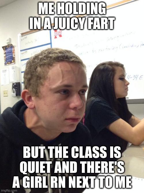 relatable | ME HOLDING IN A JUICY FART; BUT THE CLASS IS QUIET AND THERE'S A GIRL RN NEXT TO ME | image tagged in hold fart | made w/ Imgflip meme maker