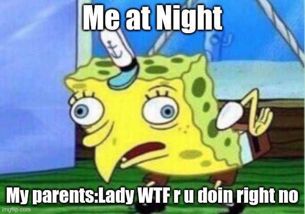 Mocking Spongebob | Me at Night; My parents:Lady WTF r u doin right no | image tagged in memes,mocking spongebob | made w/ Imgflip meme maker