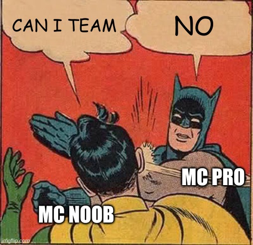 Batman Slapping Robin Meme | CAN I TEAM; NO; MC PRO; MC NOOB | image tagged in memes,batman slapping robin | made w/ Imgflip meme maker
