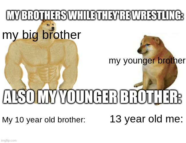 Buff Doge vs. Cheems Meme | MY BROTHERS WHILE THEY'RE WRESTLING:; my big brother; my younger brother; ALSO MY YOUNGER BROTHER:; 13 year old me:; My 10 year old brother: | image tagged in memes,buff doge vs cheems | made w/ Imgflip meme maker
