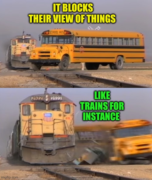 A train hitting a school bus | IT BLOCKS THEIR VIEW OF THINGS LIKE TRAINS FOR INSTANCE | image tagged in a train hitting a school bus | made w/ Imgflip meme maker