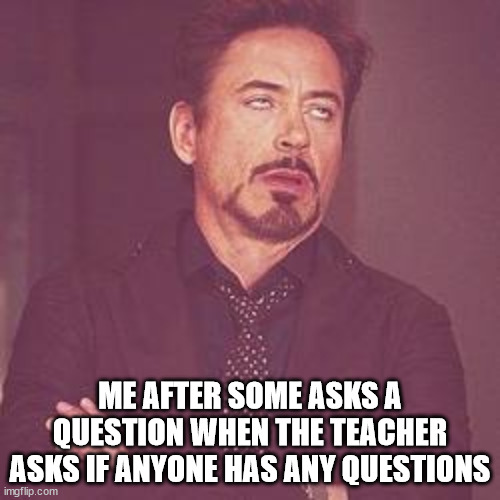 ironman eyeroll | ME AFTER SOME ASKS A QUESTION WHEN THE TEACHER ASKS IF ANYONE HAS ANY QUESTIONS | image tagged in ironman eyeroll | made w/ Imgflip meme maker