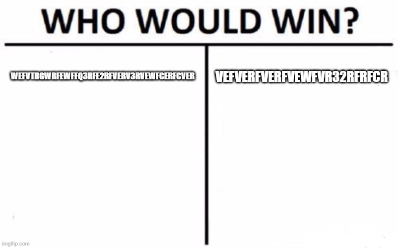 Who Would Win? | WEFVTRGWRFEWFFQ3RFE2RFVERV3RVEWFCERFCVER; VEFVERFVERFVEWFVR32RFRFCR | image tagged in memes,who would win | made w/ Imgflip meme maker