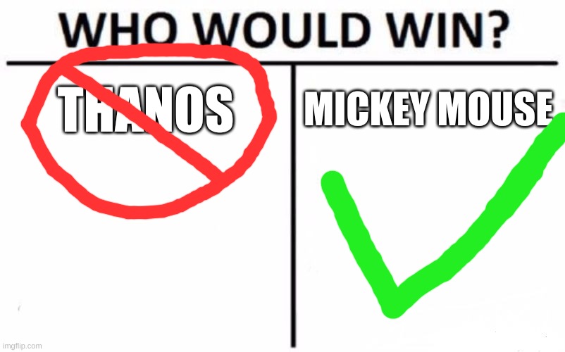 Who Would Win? | THANOS; MICKEY MOUSE | image tagged in memes,who would win | made w/ Imgflip meme maker