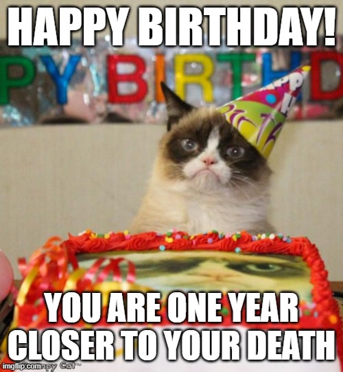 meme. | HAPPY BIRTHDAY! YOU ARE ONE YEAR CLOSER TO YOUR DEATH | image tagged in memes,grumpy cat birthday,grumpy cat | made w/ Imgflip meme maker
