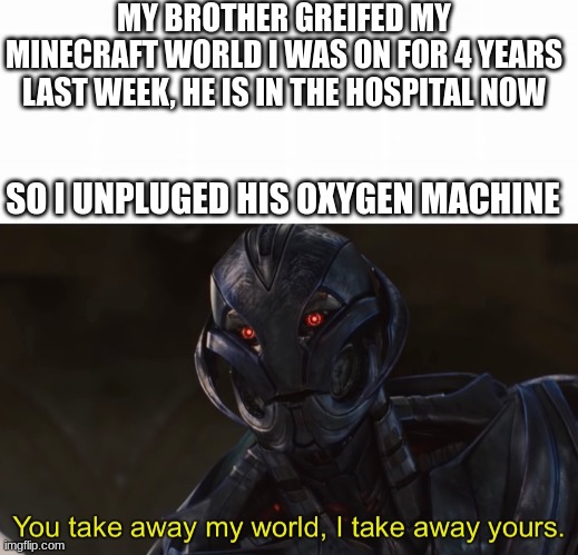 this title is funny right? | MY BROTHER GREIFED MY MINECRAFT WORLD I WAS ON FOR 4 YEARS LAST WEEK, HE IS IN THE HOSPITAL NOW; SO I UNPLUGED HIS OXYGEN MACHINE | image tagged in you take away my world i take away yours | made w/ Imgflip meme maker