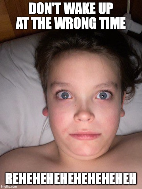 WRONG TIME | DON'T WAKE UP AT THE WRONG TIME; REHEHEHEHEHEHEHEHEH | image tagged in wesley crusher,shrek for five minutes | made w/ Imgflip meme maker