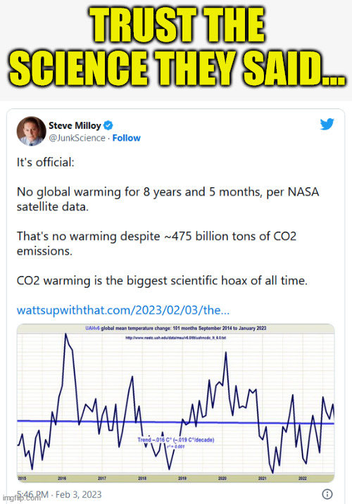 Trust the science... come on now... LOL | TRUST THE SCIENCE THEY SAID... | image tagged in global warming,fraud | made w/ Imgflip meme maker