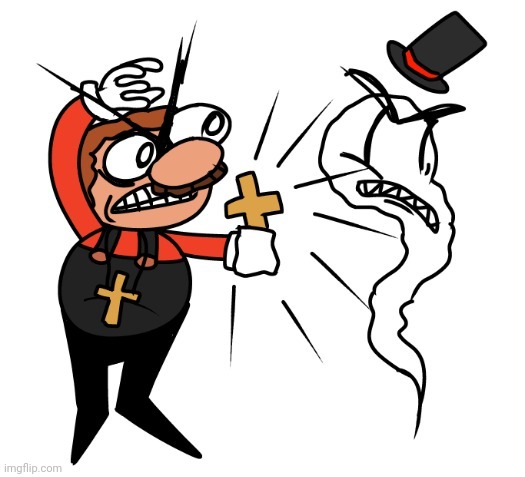 "remove-a yourself from-a this place-a, demon!" (art by the elfer of course) | made w/ Imgflip meme maker