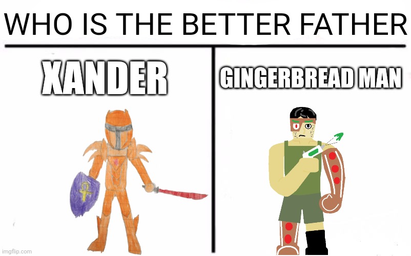 Strength doesn't matter, what matters is their father daughter/son relationship | WHO IS THE BETTER FATHER; XANDER; GINGERBREAD MAN | image tagged in memes,who would win | made w/ Imgflip meme maker