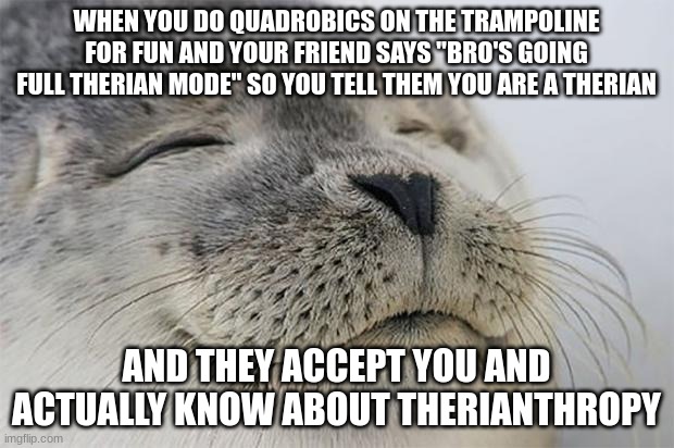 This happened ten minutes ago and im so happy they know | WHEN YOU DO QUADROBICS ON THE TRAMPOLINE FOR FUN AND YOUR FRIEND SAYS "BRO'S GOING FULL THERIAN MODE" SO YOU TELL THEM YOU ARE A THERIAN; AND THEY ACCEPT YOU AND ACTUALLY KNOW ABOUT THERIANTHROPY | image tagged in memes,satisfied seal,therian,i love this | made w/ Imgflip meme maker