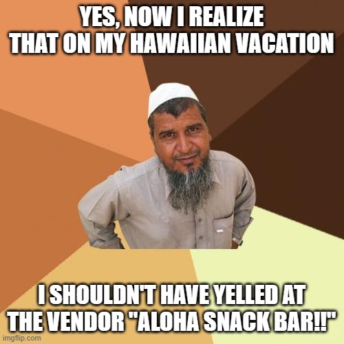 Ordinary Muslim Man Meme | YES, NOW I REALIZE THAT ON MY HAWAIIAN VACATION I SHOULDN'T HAVE YELLED AT THE VENDOR "ALOHA SNACK BAR!!" | image tagged in memes,ordinary muslim man | made w/ Imgflip meme maker