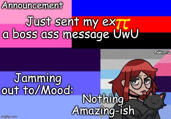 Trans_Boy-ish's Announcement Template | Just sent my ex a boss ass message UwU; Nothing
Amazing-ish | image tagged in trans_boy-ish's announcement template | made w/ Imgflip meme maker