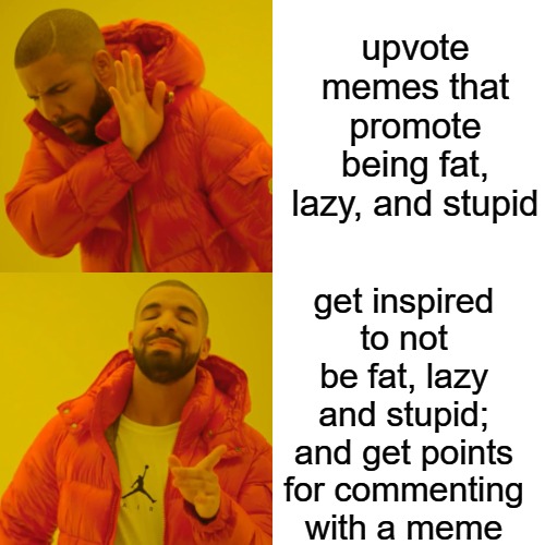Drake Hotline Bling Meme | upvote memes that promote being fat, lazy, and stupid get inspired to not be fat, lazy and stupid; and get points for commenting with a meme | image tagged in memes,drake hotline bling | made w/ Imgflip meme maker