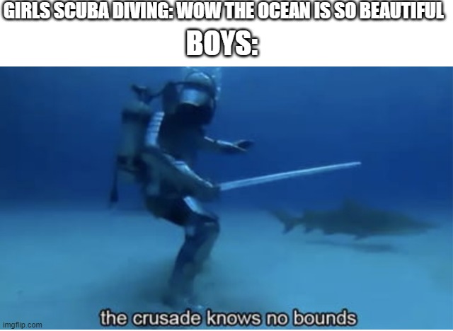 the crusade knows no bounds | GIRLS SCUBA DIVING: WOW THE OCEAN IS SO BEAUTIFUL; BOYS: | image tagged in the crusade knows no bounds,memes,funny,memenade | made w/ Imgflip meme maker