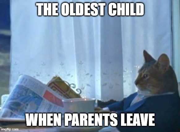 I Should Buy A Boat Cat Meme | THE OLDEST CHILD; WHEN PARENTS LEAVE | image tagged in memes,i should buy a boat cat | made w/ Imgflip meme maker