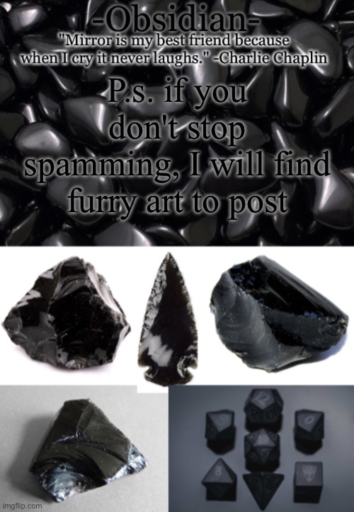 I'm willing to make that sacrifice | P.s. if you don't stop spamming, I will find furry art to post | image tagged in obsidian | made w/ Imgflip meme maker