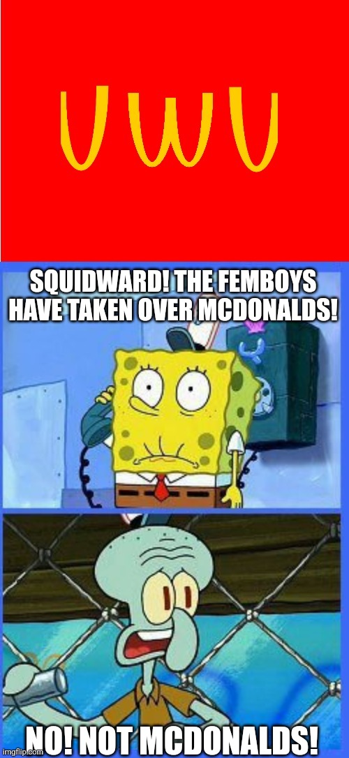 random meme | SQUIDWARD! THE FEMBOYS HAVE TAKEN OVER MCDONALDS! NO! NOT MCDONALDS! | image tagged in no not the navy | made w/ Imgflip meme maker