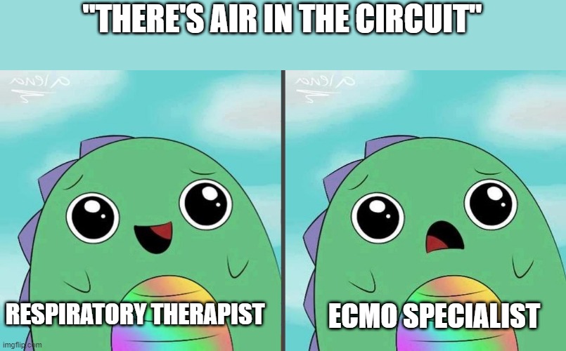 Kue the Dinosaur (happy/sad) | "THERE'S AIR IN THE CIRCUIT"; RESPIRATORY THERAPIST; ECMO SPECIALIST | image tagged in kue the dinosaur happy/sad | made w/ Imgflip meme maker