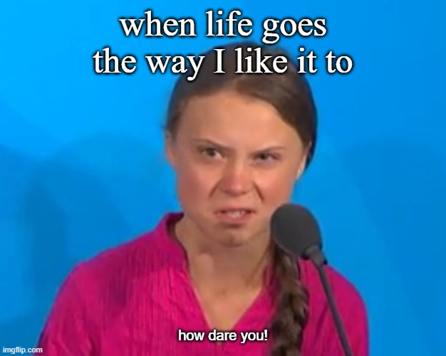 how does that work | when life goes the way I like it to; how dare you! | image tagged in how dare you,life,high standards | made w/ Imgflip meme maker