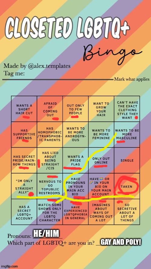 Closeted LGBTQ+ Bingo | HE/HIM; GAY AND POLY! | image tagged in closeted lgbtq bingo | made w/ Imgflip meme maker