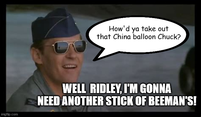 Dadgum it! | How'd ya take out that China balloon Chuck? WELL  RIDLEY, I'M GONNA NEED ANOTHER STICK OF BEEMAN'S! | image tagged in pilot | made w/ Imgflip meme maker