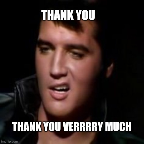 Elvis, thank you | THANK YOU THANK YOU VERRRRY MUCH | image tagged in elvis thank you | made w/ Imgflip meme maker