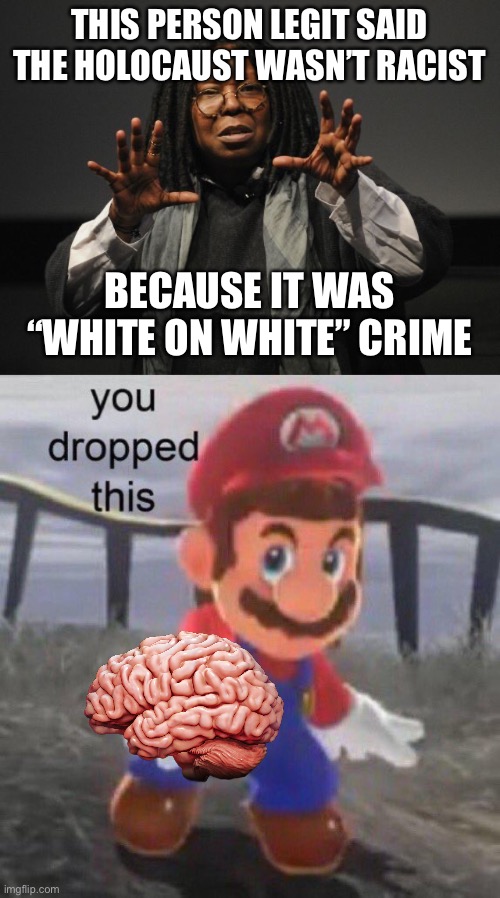 like wtf | THIS PERSON LEGIT SAID THE HOLOCAUST WASN’T RACIST; BECAUSE IT WAS “WHITE ON WHITE” CRIME | image tagged in whoopi goldberg crazy,mario you dropped this | made w/ Imgflip meme maker