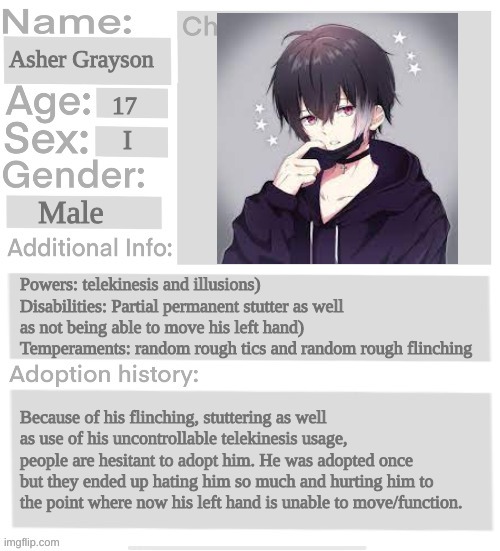Orphanage Faction File | Asher Grayson; 17; I; Male; Powers: telekinesis and illusions) Disabilities: Partial permanent stutter as well as not being able to move his left hand) Temperaments: random rough tics and random rough flinching; Because of his flinching, stuttering as well as use of his uncontrollable telekinesis usage, people are hesitant to adopt him. He was adopted once but they ended up hating him so much and hurting him to the point where now his left hand is unable to move/function. | image tagged in orphanage faction file | made w/ Imgflip meme maker