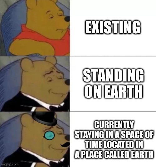 Fancy | EXISTING; STANDING ON EARTH; CURRENTLY STAYING IN A SPACE OF TIME LOCATED IN A PLACE CALLED EARTH | image tagged in fancy pooh | made w/ Imgflip meme maker