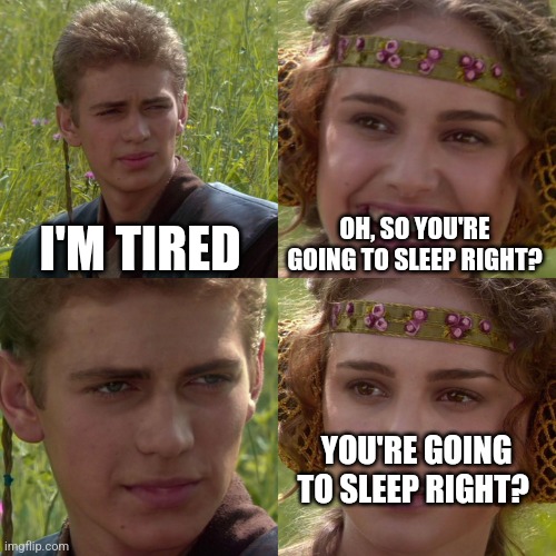 What is sleep? | I'M TIRED; OH, SO YOU'RE GOING TO SLEEP RIGHT? YOU'RE GOING TO SLEEP RIGHT? | image tagged in anakin padme 4 panel | made w/ Imgflip meme maker