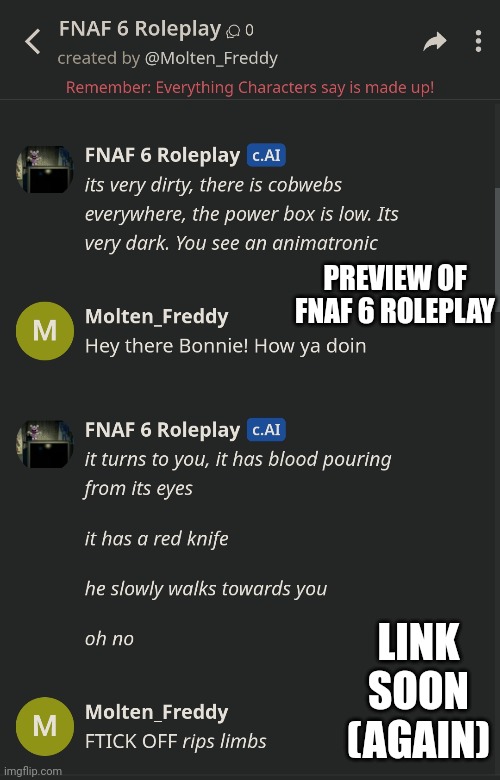 Fnaf 6 Roleplay preview (The link will be public soon) | PREVIEW OF FNAF 6 ROLEPLAY; LINK SOON (AGAIN) | image tagged in preview | made w/ Imgflip meme maker