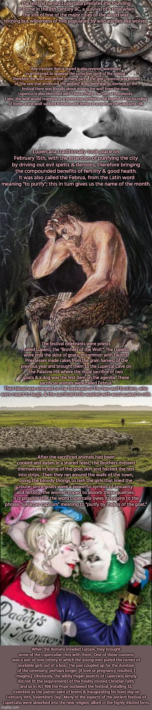 More sexual than romantic. | The festival named Lupercalia predates the founding of Rome in the 8th century BC, a survival of a time when the site of one of the major cities of the world was nothing but wilderness of hills populated by wild animals like wolves. Any creature that is feared is also revered, worshiped in an attempt to appease the collective spirit of the animal.  Therefore the wolf was defied in many parts.  The god Lupercus was known as "the one that drives out the wolves" & so there was an element of the festival there was literally about driving the wolf from the door.  Lupercus is also identified with Faunus (Pan), the God of Shepherds.  Later, the wolf would reappear as a protective symbol in the legend of the founding
of Rome; a she-wolf suckled Romulus and Remus in a cave on the Capitaline Hill. Lupercalia traditionally took place on February 15th, with the intention of purifying the city by driving out evil spirits & demons, therefore bringing the compounded benefits of fertility & good health.  It was also called the Februa, from the Latin word meaning "to purify"; this in turn gives us the name of the month. The festival celebrants were priests called Luperci, the "Brothers of the Wolf."  The Luperci wore only the skins of goats, in common with Faunus.  Priestesses made cakes from the grain harvest of the previous year and brought them to the Lupercal Cave on the Palatine Hill where the ritual sacrifice of two goats & a dog was the first item on the agenda.  These sacrificial animals were called Februa.
Their blood was smeared on the foreheads of the two wolf brothers, who
were meant to laugh, & the sacrificial knife washed with wool soaked in milk. After the sacrificed animals had been cooked and eaten in a shared feast, the Brothers dressed themselves in some of the goat skin and hacked the rest into strips.  Then they ran around the walls of the town, using the bloody thongs to lash the girls that lined the route; since goats were a powerful symbol of sexuality and fertility, the women hoped to absorb these qualities.  It is possible that the word Lupercalia owes its origins to the
phrase "luere per caprium" meaning to "purify by means of the goat."; When the Romans invaded Europe, they brought some of the Lupercalian rites with them.  One of these customs was a sort of love lottery in which the young men pulled the names of available girls out of a box.  The pair coupled up for the duration of the ceremony, perhaps longer. (If love or pregnancy resulted, I imagine.)  Obviously, the wildly Pagan aspects of Lupercalia simply did not fit the requirements of the freshly minted Christian faith, and so in AD 496 the Pope outlawed the festival, installing St. Valentine as the patron saint of lovers & inaugurating his feast day on February 14th, Valentine's Day.  Many of the aspects of the ancient festival of
Lupercalia were absorbed into the new religion, albeit in the highly diluted form. | image tagged in romeins geld,you have two wolves,greek god pan,shepherd meme,harley quinn the joker mad love | made w/ Imgflip meme maker