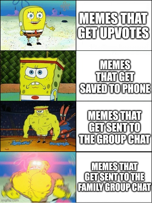 Only the best memes are sent to the family group chat | MEMES THAT GET UPVOTES; MEMES THAT GET SAVED TO PHONE; MEMES THAT GET SENT TO THE GROUP CHAT; MEMES THAT GET SENT TO THE FAMILY GROUP CHAT | image tagged in sponge finna commit muder | made w/ Imgflip meme maker