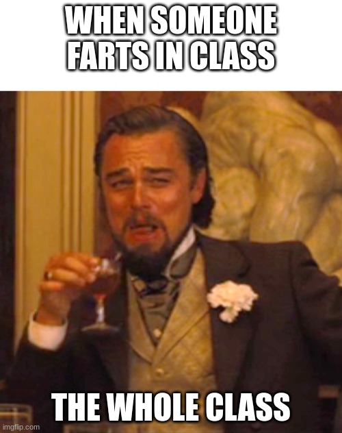 Leo | WHEN SOMEONE FARTS IN CLASS; THE WHOLE CLASS | image tagged in leonardo dicaprio django laugh | made w/ Imgflip meme maker