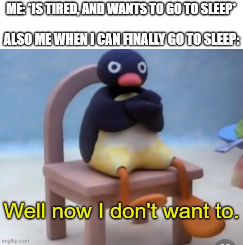 Why do our bodies do this to us? | ME: *IS TIRED, AND WANTS TO GO TO SLEEP*; ALSO ME WHEN I CAN FINALLY GO TO SLEEP:; Well now I don't want to. | image tagged in angry pingu,memes,relatable,sleep,well now i am not doing it,pingu | made w/ Imgflip meme maker